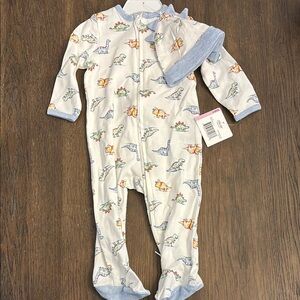 NWT Little Me Dinosaurs White and Blue Footies with Built-in Feet and Hat 9M